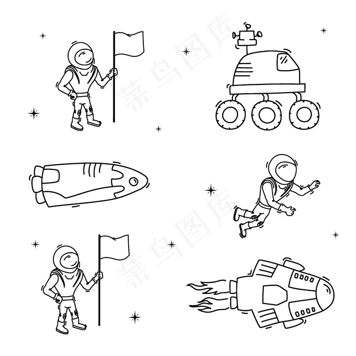 宇宙飞船、火箭、火星车的矢量插图集。涂鸦卡通矢量图标。eps,ai矢量模版下载