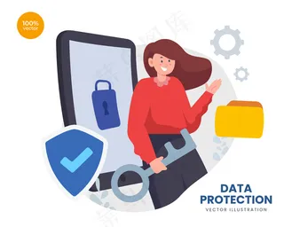 数据保护概念与女商人的安全技术挂锁和盾牌象征。