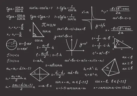 数学公式和计算插图中的黑板。代数计算与粉笔几何图形基本方程和定理学校和大学。矢量教育。