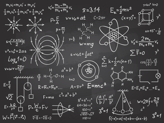 科学公式。课堂黑板上的数学和物理微积分。代数和物理科学手写矢量教育概念。黑板上的数学计算。物理科学定理eps,ai矢量模版下载