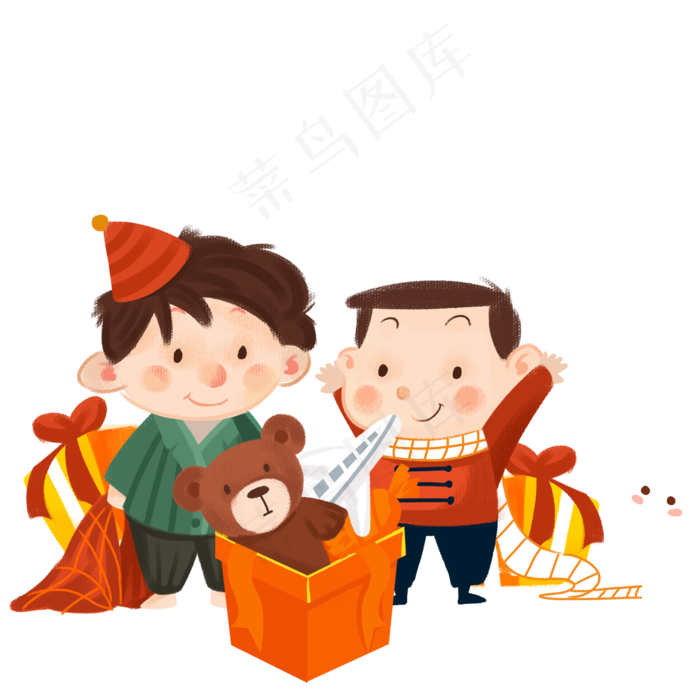 卡通两个男孩子在玩玩具