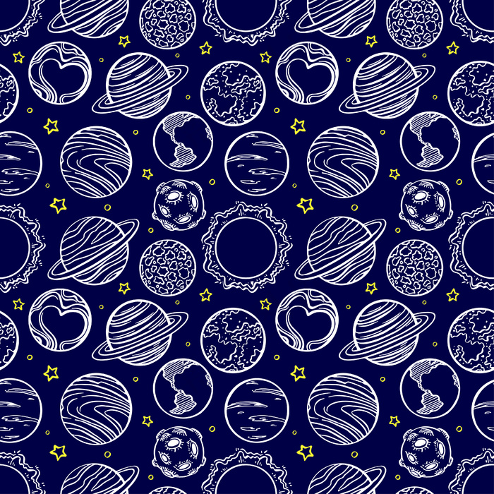 美丽的无缝模式与太阳系的行星。手绘插画