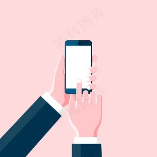 卡通手持智能手机，在粉色的空白黑屏上触摸