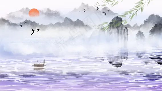 治愈唯美古风古典山水水墨江水船只 治愈唯美古风古典山水水墨江水船只