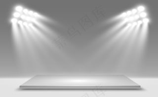 具有平台背景的逼真3d灯箱，用于表演、展示、展览。灯箱工作室内部示意图。带聚光灯的讲台。