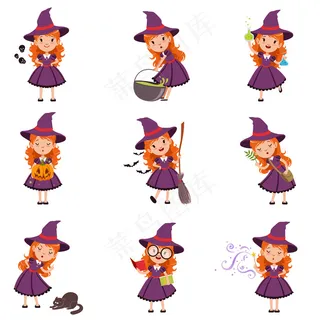 小女巫穿着紫色的衣服和帽子