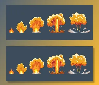 卡通爆炸效果与烟雾。漫画繁荣效应，爆炸闪光，炸弹漫画，插图。框架精灵。游戏的动画框架。
