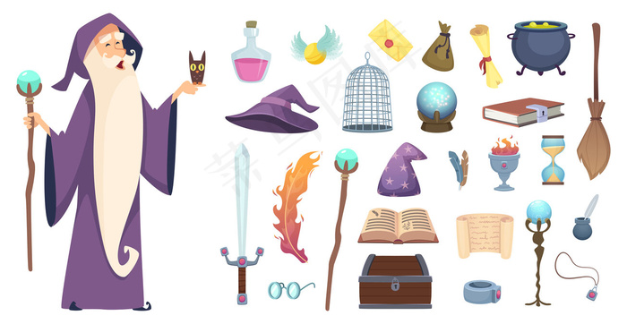 魔术师的工具。巫师魔法神秘扫帚药水巫师帽子和魔法书卡通图片eps,ai矢量模版下载