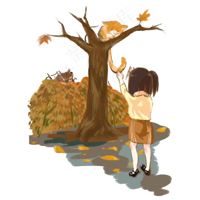 秋日深秋少女树下找猫可爱PNG图