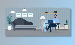 一个戴眼镜的人坐在办公室的桌子旁。一个人在笔记本电脑上工作。办公室，沙发，书架，商务员，落地灯。办公室工作理念。