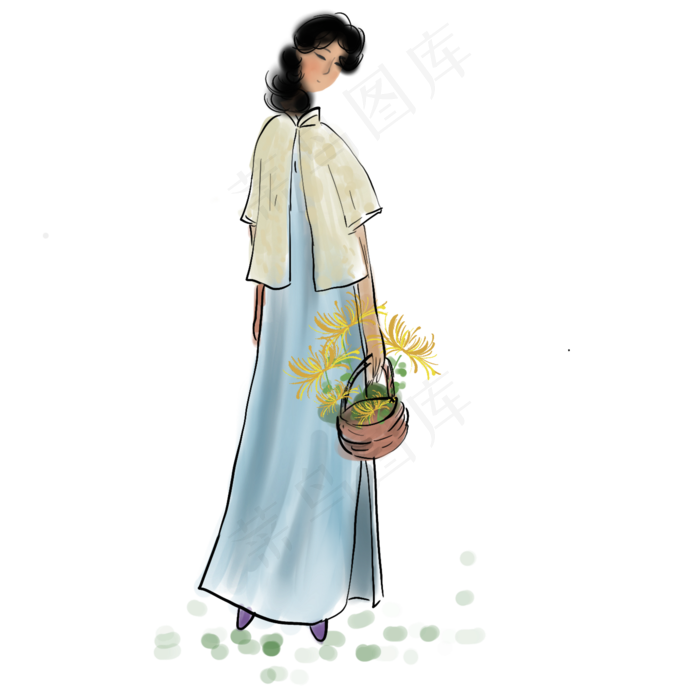 中秋节水墨采菊的少女