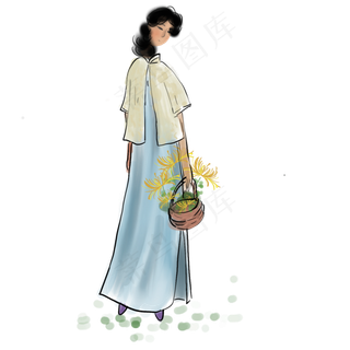 中秋节水墨采菊的少女