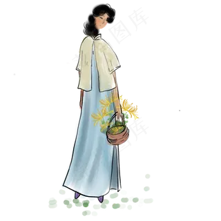 中秋节水墨采菊的少女