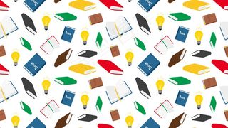 书籍无缝模式。矢量书和灯泡的无缝纹理。阅读背景