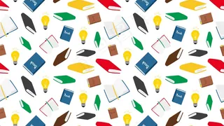 书籍无缝模式。矢量书和灯泡的无缝纹理。阅读背景