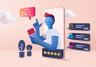 3d购物在线商店出售，移动电子商务粉彩背景，24小时在线商店手机app移动应用程序app。购物车，信用卡。最小购物在线商店设备渲染