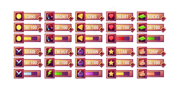 大套旧木制游戏ui进度条和额外的面板模板eps,ai矢量模版下载