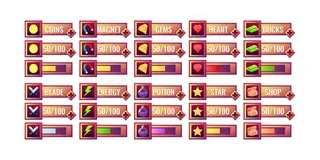 大套旧木制游戏ui进度条和额外的面板模板