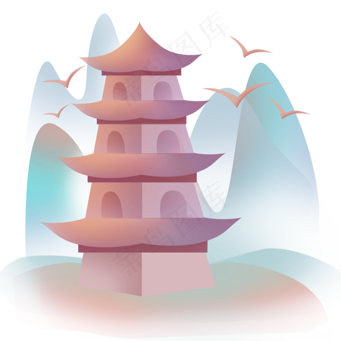 中国风渐变飞鸟和塔(2000X2000(DPI:299))psd模版下载