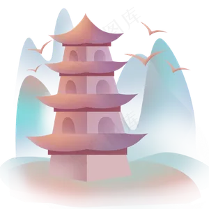 中国风渐变飞鸟和塔