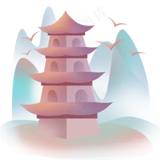 中国风渐变飞鸟和塔