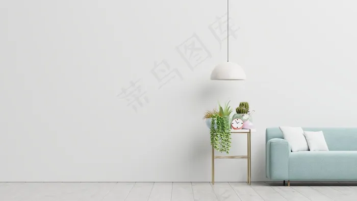 空荡荡的客厅，蓝色沙发、植物和桌子，背景是白色的空墙。三维渲染
