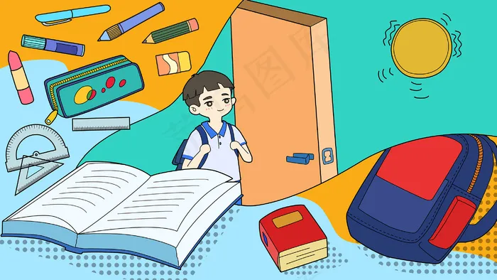 开学季开学第一天学习书本用品文具上课铃响(2880*1620px 300 dpi )ai矢量模版下载