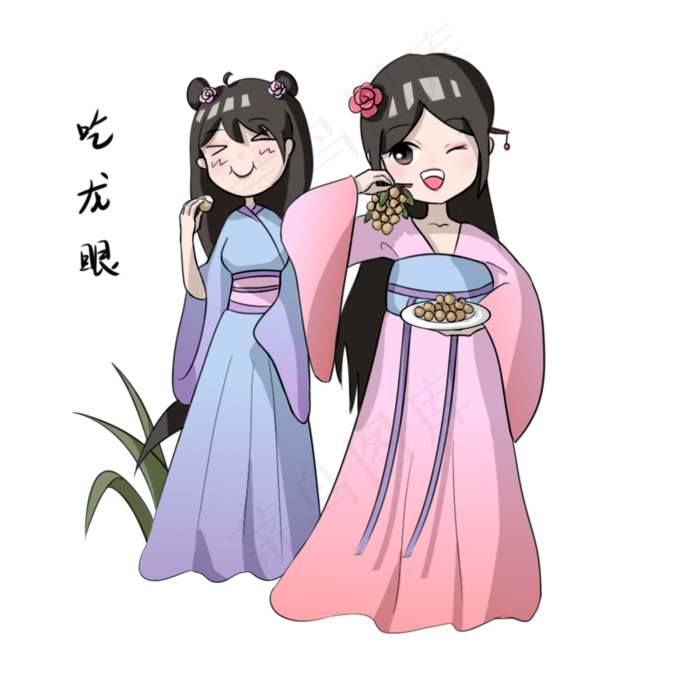 手绘吃龙眼人物女孩插画白露