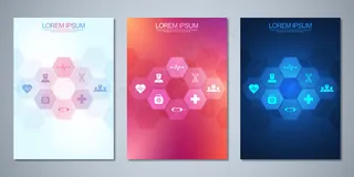 模板小册子或封面，书籍，宣传单,DM传单，医疗图标和符号。保健、科学和医药技术概念。