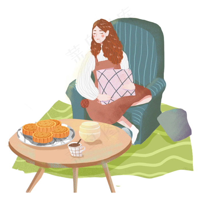 中秋在家吃月饼女孩png