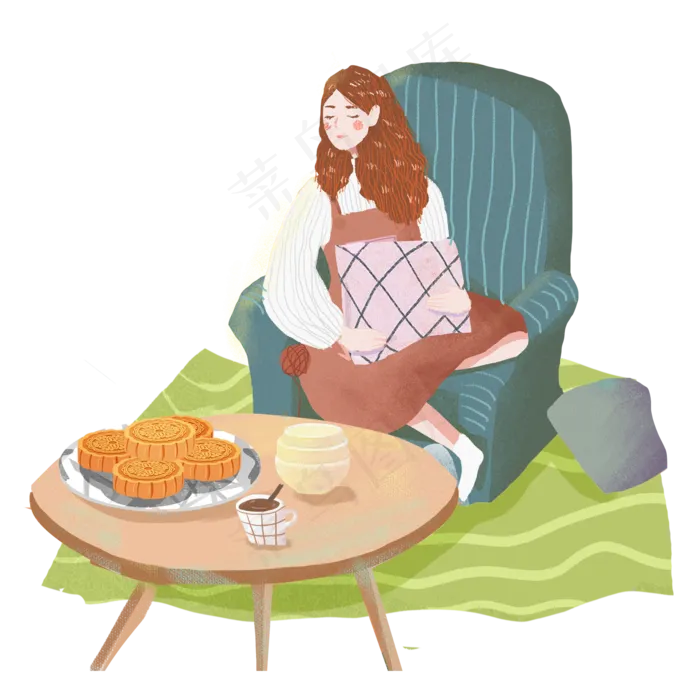 中秋在家吃月饼女孩png(2000X2000(DPI:300))psd模版下载