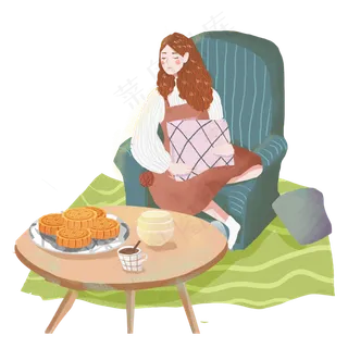中秋在家吃月饼女孩png