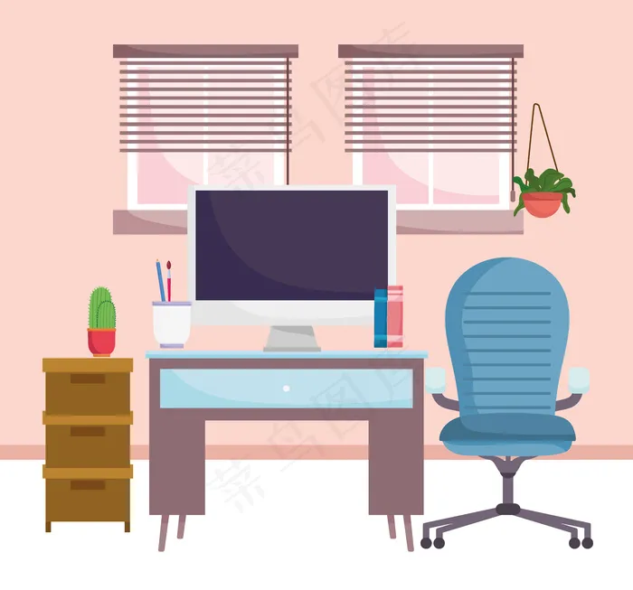 家庭办公室室内家具电脑椅橱柜植物和窗户插图eps,ai矢量模版下载