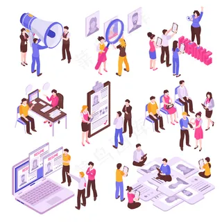 等轴测集，人们在白色背景3d上寻找工作