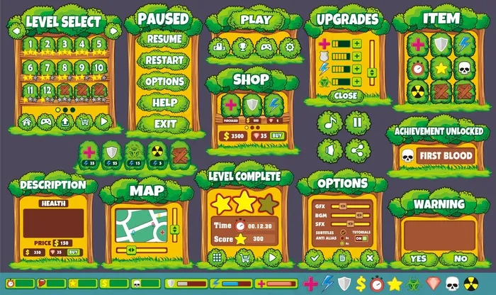 界面游戏设计。创建2d游戏所需的所有屏幕eps,ai矢量模版下载
