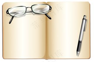 带眼镜和圆珠笔的空书