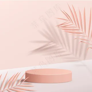 具有几何形式的最小场景。带叶子的圆筒形讲台。现场展示化妆品、陈列柜、店面、陈列柜。3d插图。 具有几何形式的最小场景。带叶子的圆筒形讲台。现场展示化妆品、陈列柜、店面、陈列柜。3d插图。