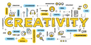 创意，黄色文字字体与线图标和标签云