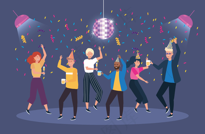 用五彩纸屑装饰的可爱男女舞蹈