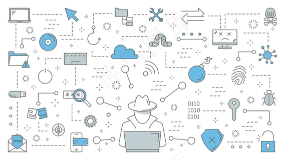 黑客概念。网络间谍窃取笔记本电脑的数字数据。窃贼攻击计算机系统。网络黑客攻击。线图标集。插图 黑客概念。网络间谍窃取笔记本电脑的数字数据。窃贼攻击计算机系统。网络黑客攻击。线图标集。插图