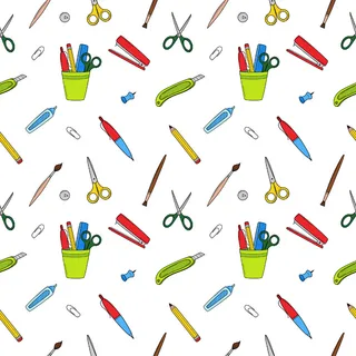 学校简单的无缝图案与文具、办公用品。彩色涂鸦矢量背景