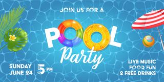 泳池派对邀请模板，带有泳池表面、棕榈叶、沙滩伞和橡胶球。逼真的充气彩虹和橙色戒指。