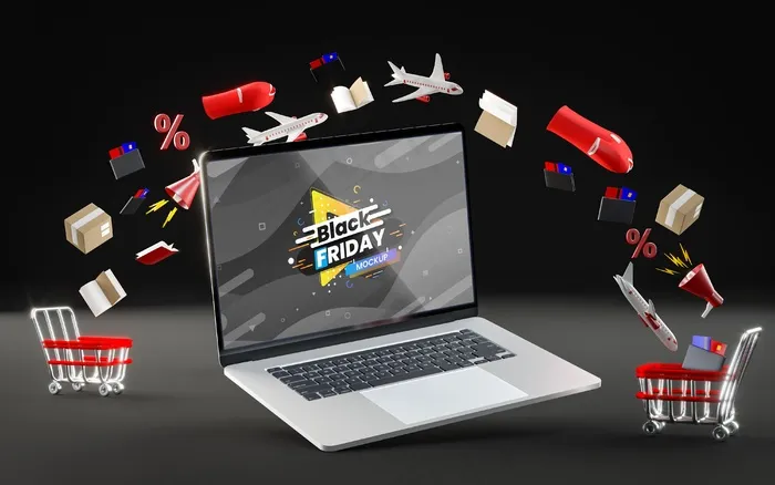 黑色背景的购物卡和在售商品psd模版下载