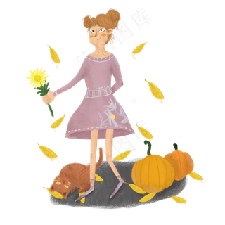 秋天赏菊美女猫咪玩耍南瓜PNG图