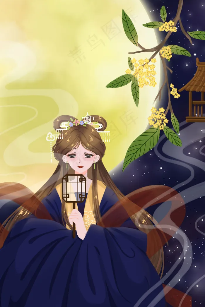 中秋节嫦娥仙子满月月亮桂花汉服古风团扇仙(3545*5315px 300 dpi )psd模版下载