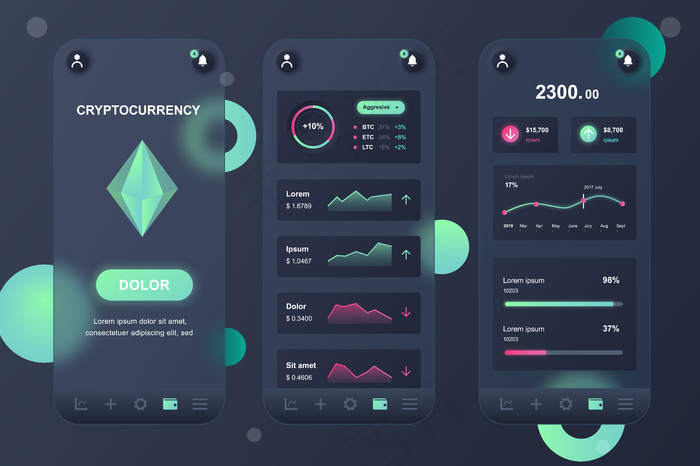 Cryptocurrency glassmorphic design neumorphic elements kit for mobile app ui ux gui屏幕集eps,ai矢量模版下载