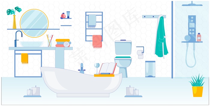 宽敞的双人浴室，矢量图。