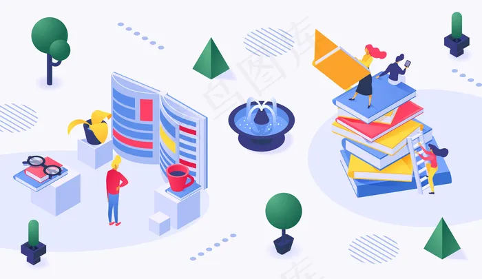 教育理念，书堆的十字路口，以及标志牌，象征着接受教育的道路eps,ai矢量模版下载