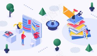 教育理念，书堆的十字路口，以及标志牌，象征着接受教育的道路