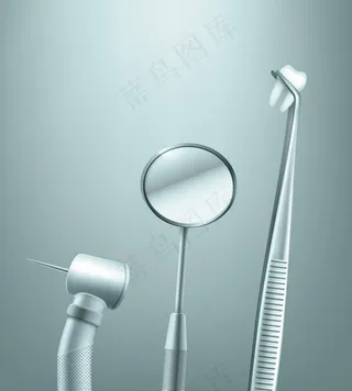 不锈钢牙科工具的向量集镜子、钻头和镊子，背景为牙齿侧视图